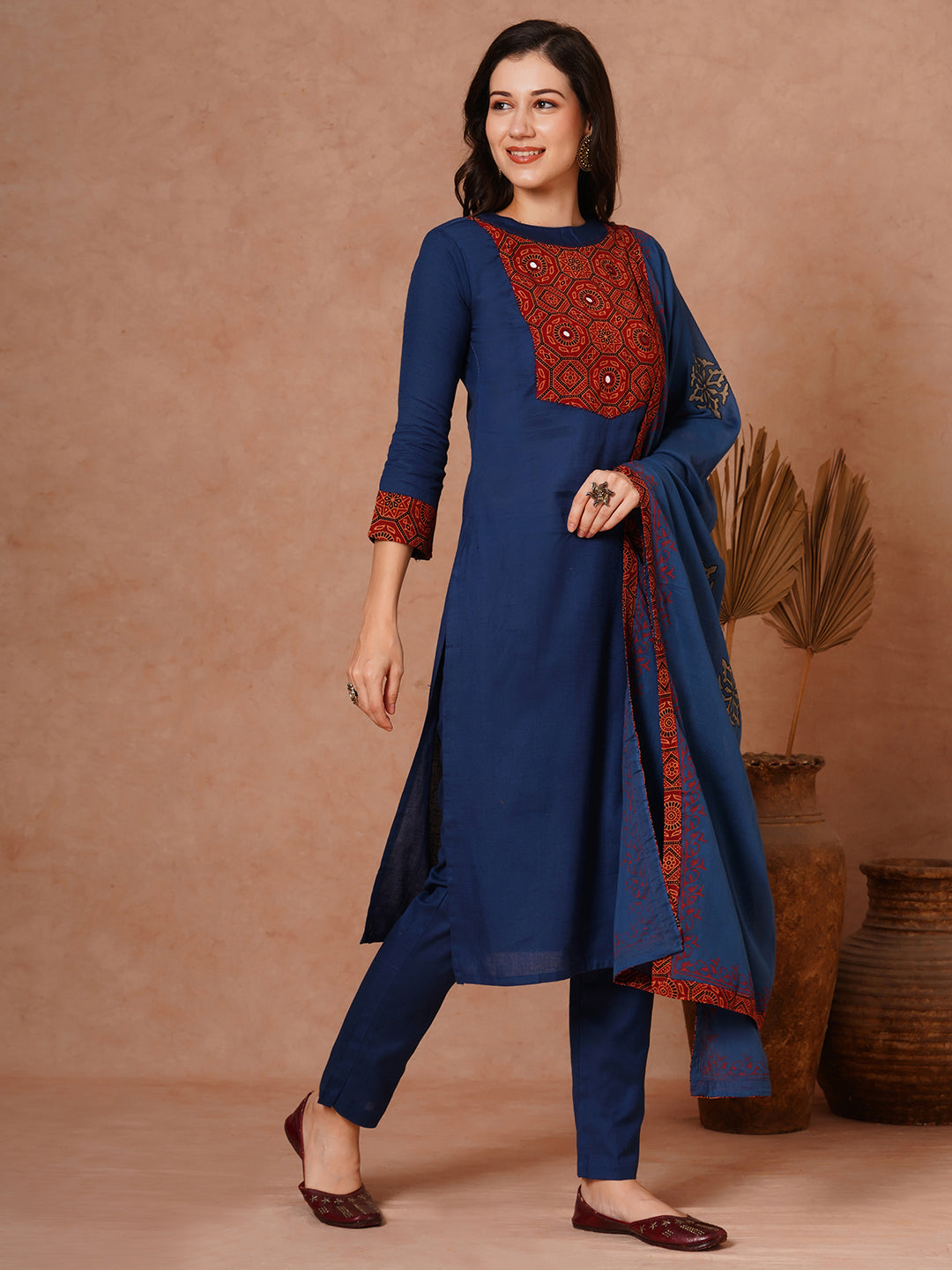 Solid Ethnic Printed Straight Fit Cotton Flax Kurta with Pant and Printed Dupatta - Navy Blue