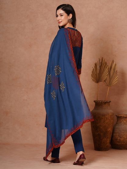 Solid Ethnic Printed Straight Fit Cotton Flax Kurta with Pant and Printed Dupatta - Navy Blue