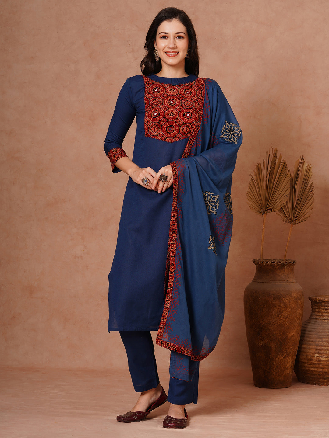 Solid Ethnic Printed Straight Fit Cotton Flax Kurta with Pant and Printed Dupatta - Navy Blue