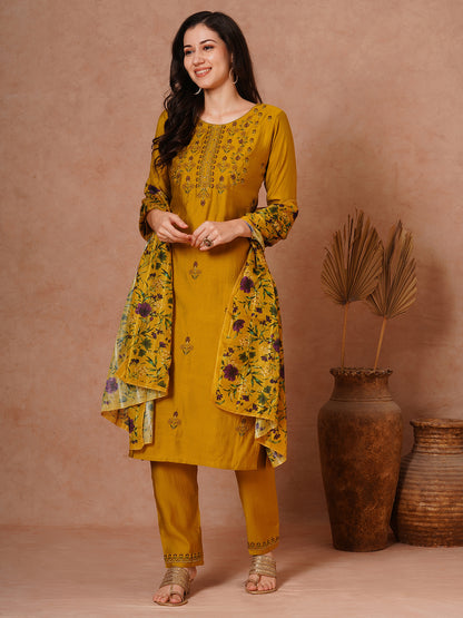 Solid Floral Embroidered Straight Fit Kurta with Pant and Printed Dupatta - Mustard