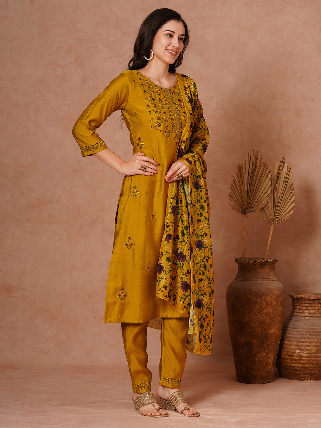 Solid Floral Embroidered Straight Fit Kurta with Pant and Printed Dupatta - Mustard