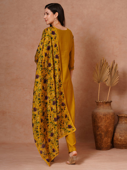 Solid Floral Embroidered Straight Fit Kurta with Pant and Printed Dupatta - Mustard