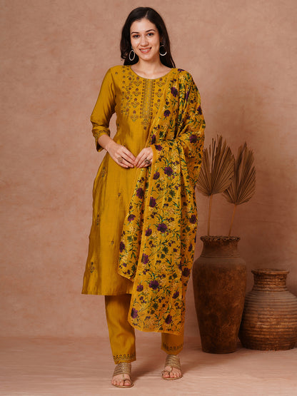 Solid Floral Embroidered Straight Fit Kurta with Pant and Printed Dupatta - Mustard