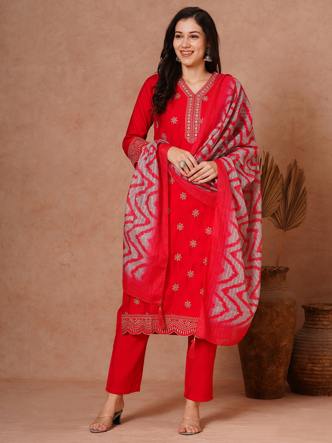 Solid Floral Embroidered Straight Fit Kurta with Pant and Printed Dupatta - Red