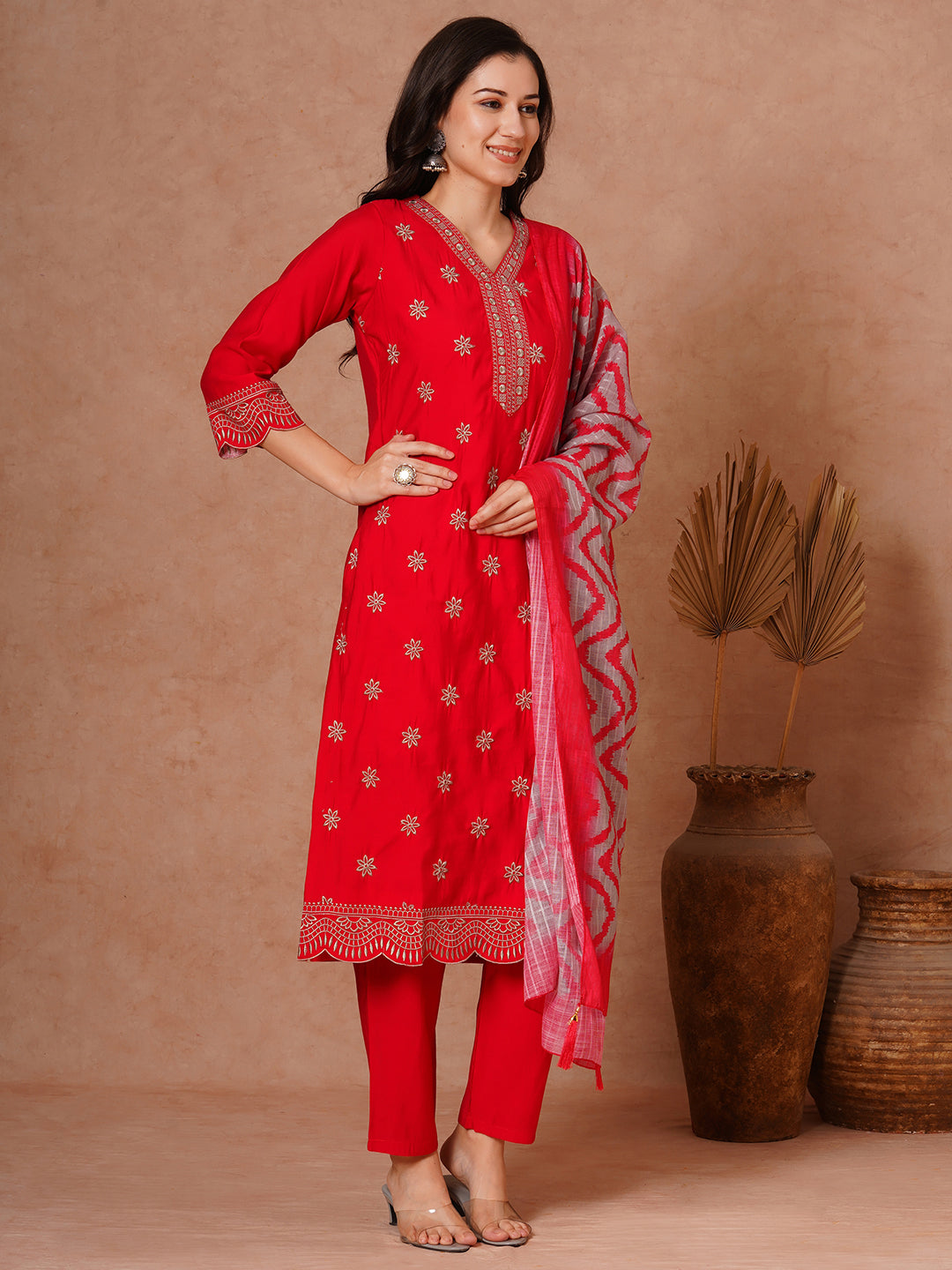 Solid Floral Embroidered Straight Fit Kurta with Pant and Printed Dupatta - Red