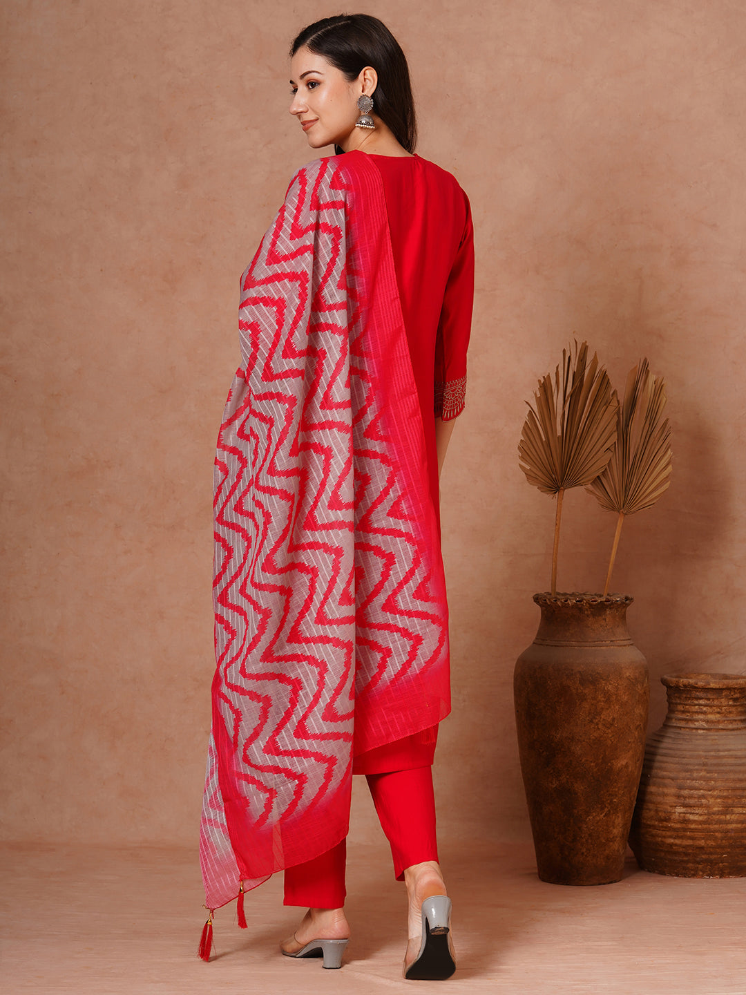 Solid Floral Embroidered Straight Fit Kurta with Pant and Printed Dupatta - Red