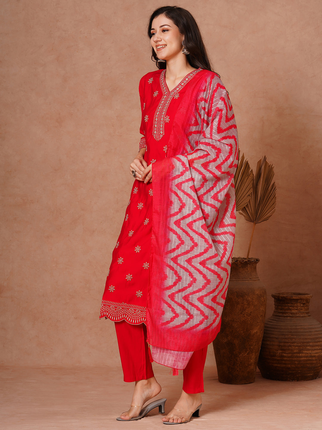 Solid Floral Embroidered Straight Fit Kurta with Pant and Printed Dupatta - Red