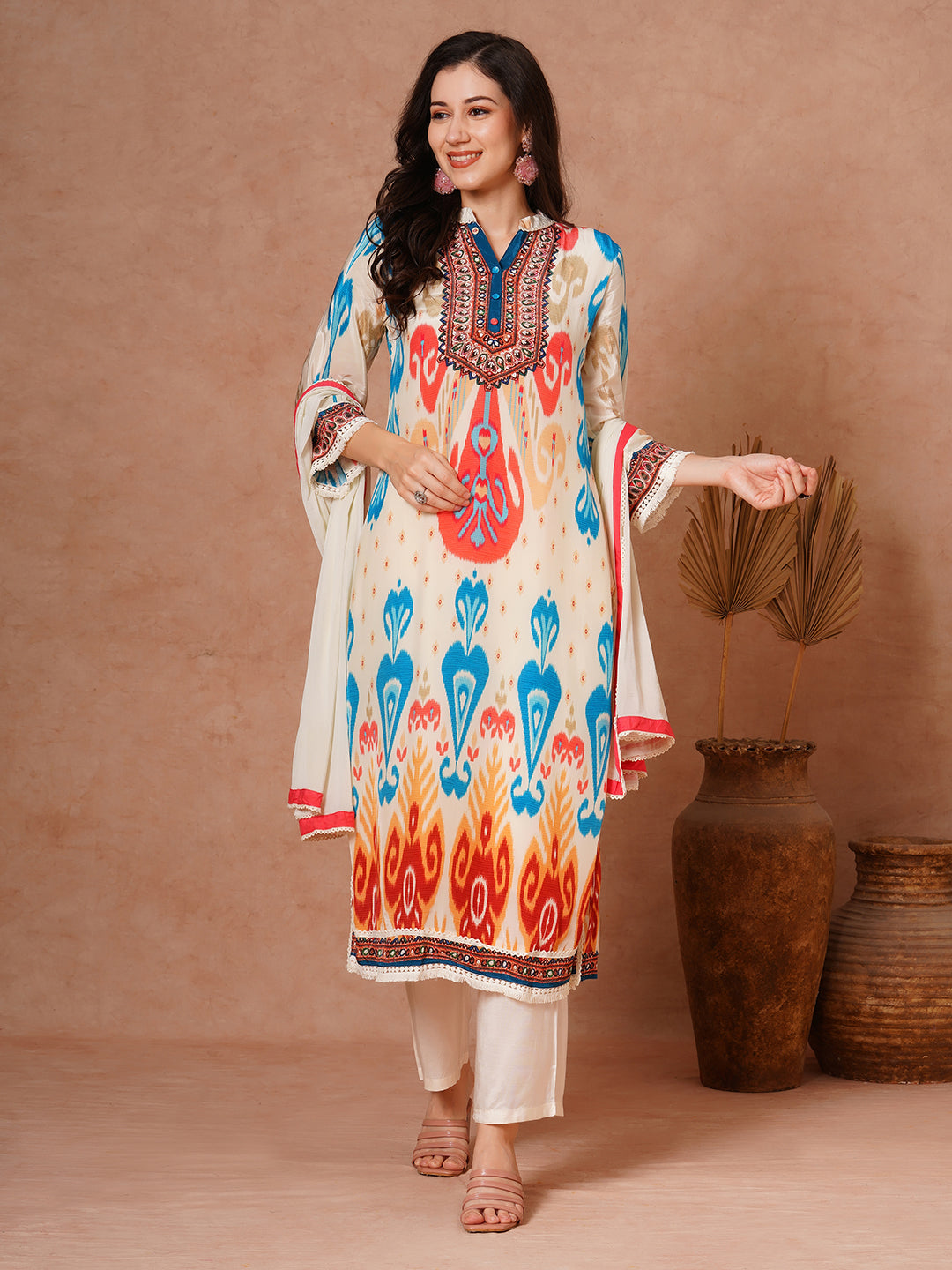 Abstract Ikat Printed Straight Fit Kurta with Pant & Dupatta - Multi