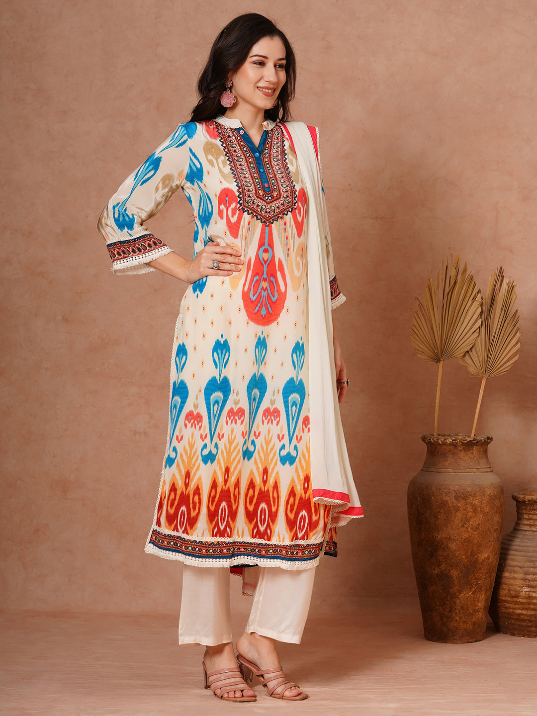 Abstract Ikat Printed Straight Fit Kurta with Pant & Dupatta - Multi