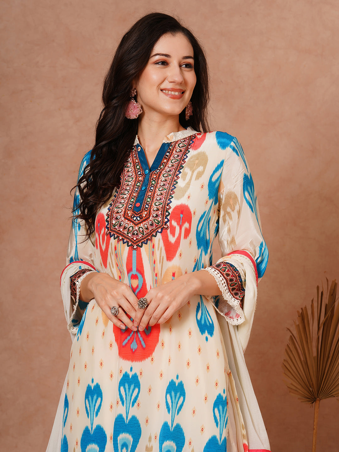 Abstract Ikat Printed Straight Fit Kurta with Pant & Dupatta - Multi