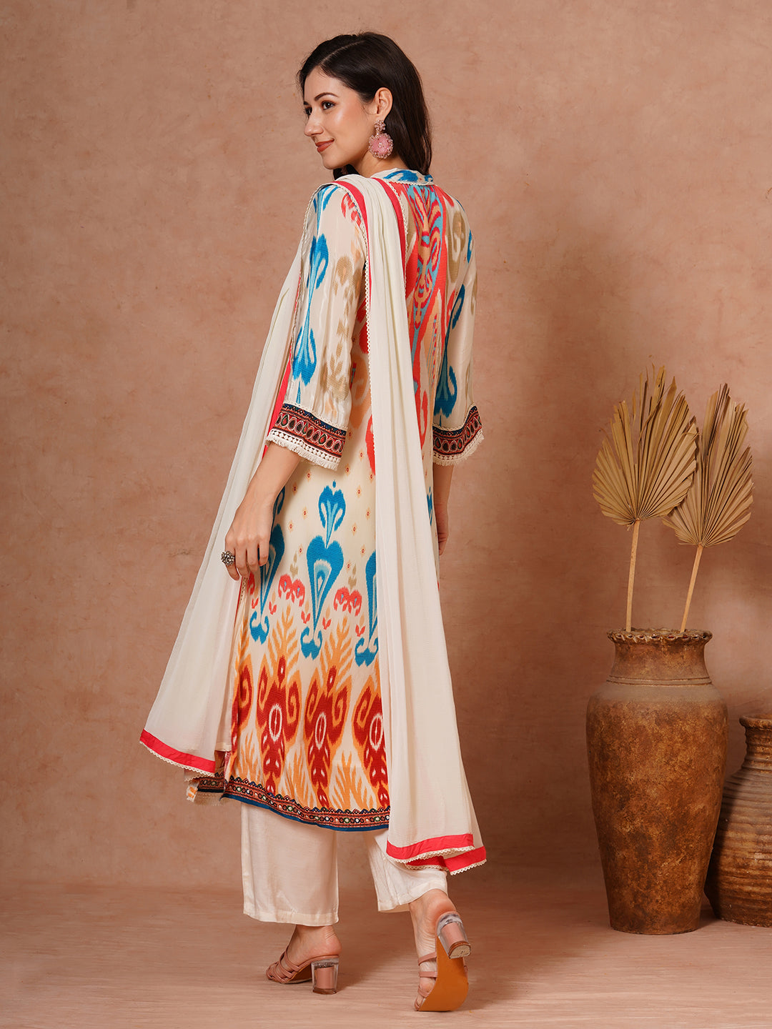 Abstract Ikat Printed Straight Fit Kurta with Pant & Dupatta - Multi