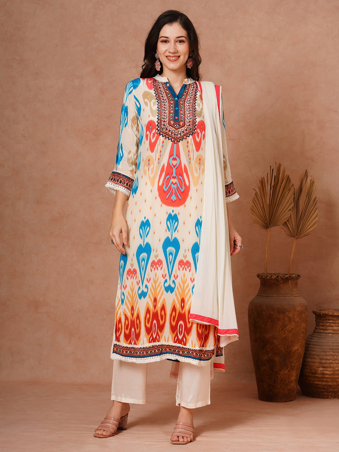 Abstract Ikat Printed Straight Fit Kurta with Pant & Dupatta - Multi