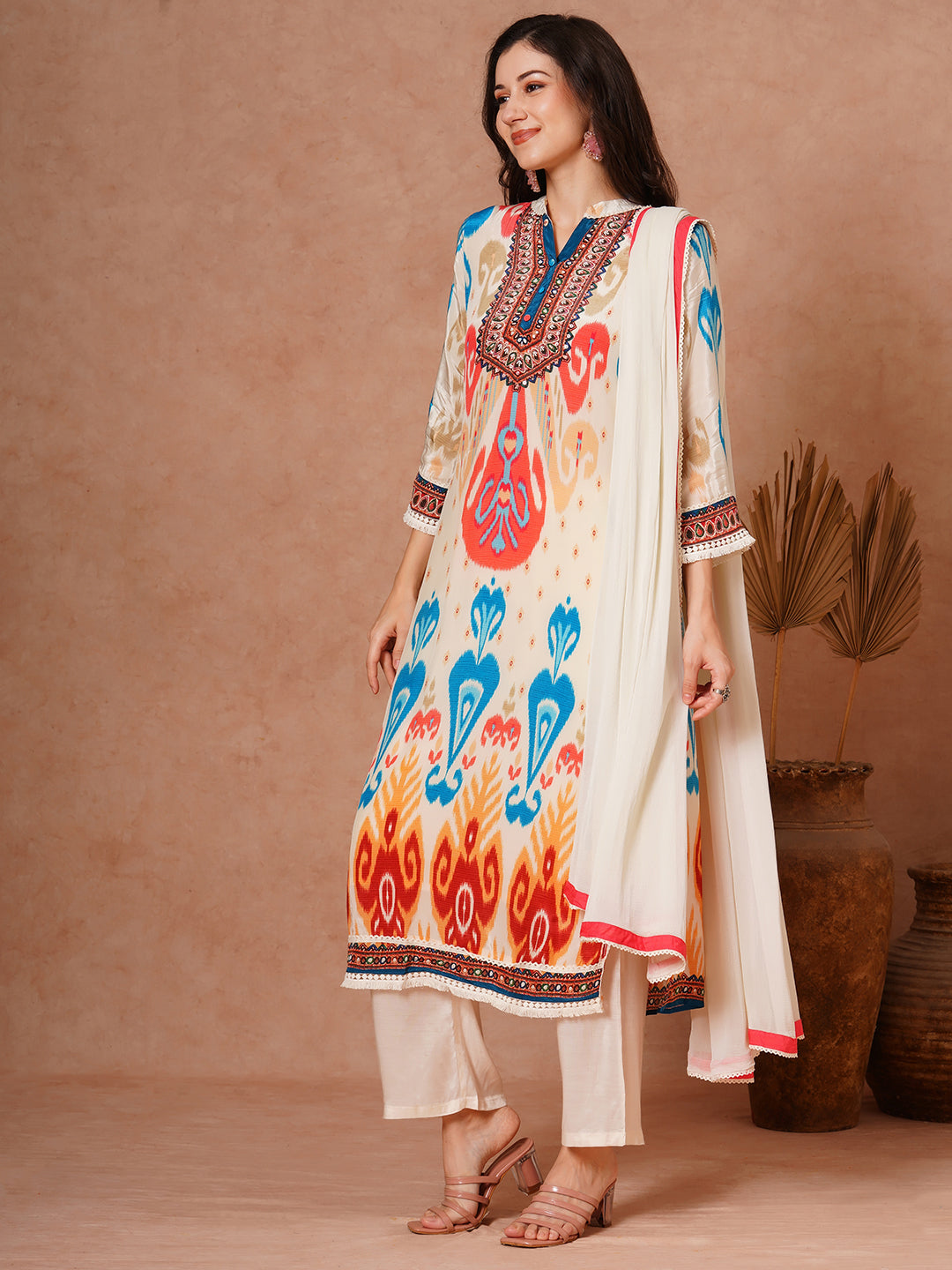 Abstract Ikat Printed Straight Fit Kurta with Pant & Dupatta - Multi