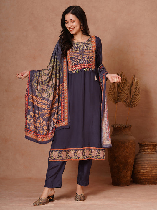 Ethnic Floral Printed & Hand Embroidered Straight Fit Kurta with Pant and Dupatta - Purple