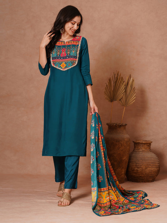 Solid Ethnic Embroidered Straight Fit Kurta with Pant and Printed Dupatta - Teal Blue