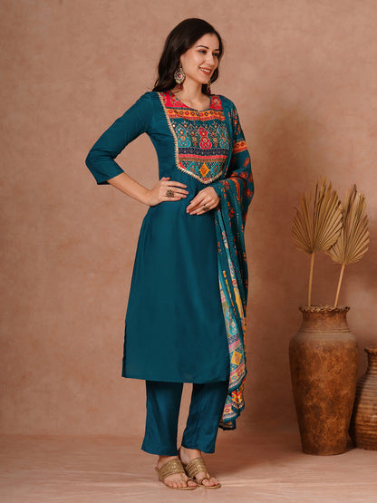 Solid Ethnic Embroidered Straight Fit Kurta with Pant and Printed Dupatta - Teal Blue