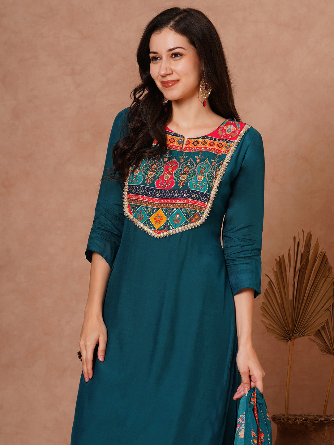 Solid Ethnic Embroidered Straight Fit Kurta with Pant and Printed Dupatta - Teal Blue