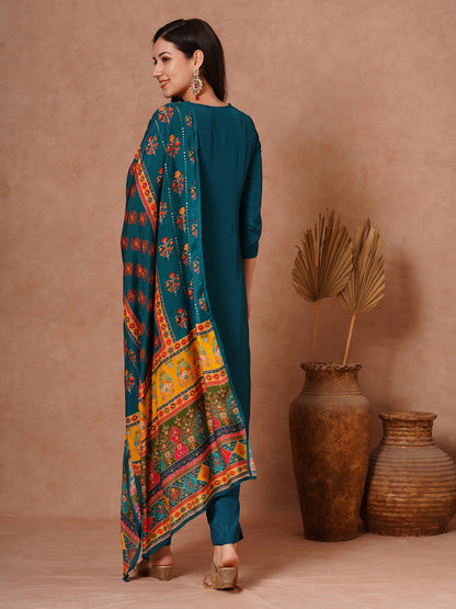 Solid Ethnic Embroidered Straight Fit Kurta with Pant and Printed Dupatta - Teal Blue