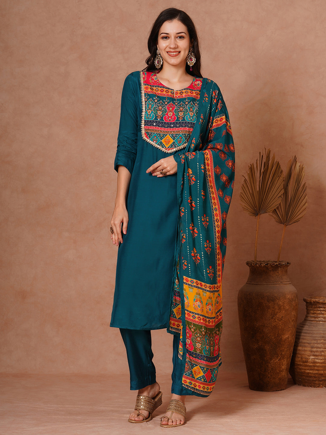 Solid Ethnic Embroidered Straight Fit Kurta with Pant and Printed Dupatta - Teal Blue