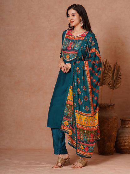 Solid Ethnic Embroidered Straight Fit Kurta with Pant and Printed Dupatta - Teal Blue