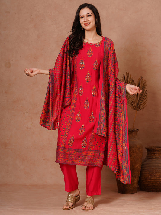 Ethnic Foil Printed & Hand Embroidered Straight Fit Kurta with Pant and Dupatta - Pink