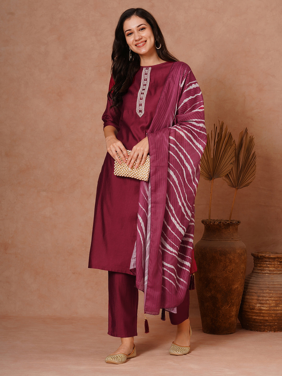 Solid Ethnic Embroidered Straight Fit Kurta with Pant and Leheriya Dupatta - Maroon