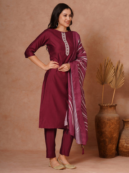 Solid Ethnic Embroidered Straight Fit Kurta with Pant and Leheriya Dupatta - Maroon