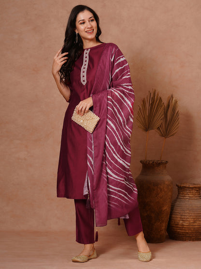 Solid Ethnic Embroidered Straight Fit Kurta with Pant and Leheriya Dupatta - Maroon