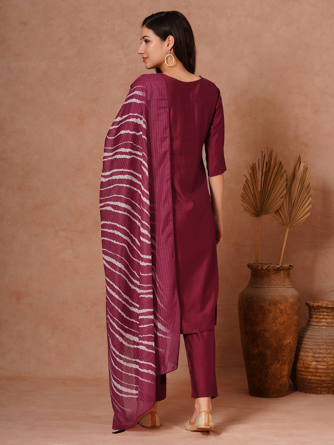 Solid Ethnic Embroidered Straight Fit Kurta with Pant and Leheriya Dupatta - Maroon