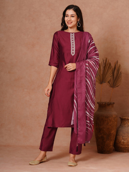 Solid Ethnic Embroidered Straight Fit Kurta with Pant and Leheriya Dupatta - Maroon