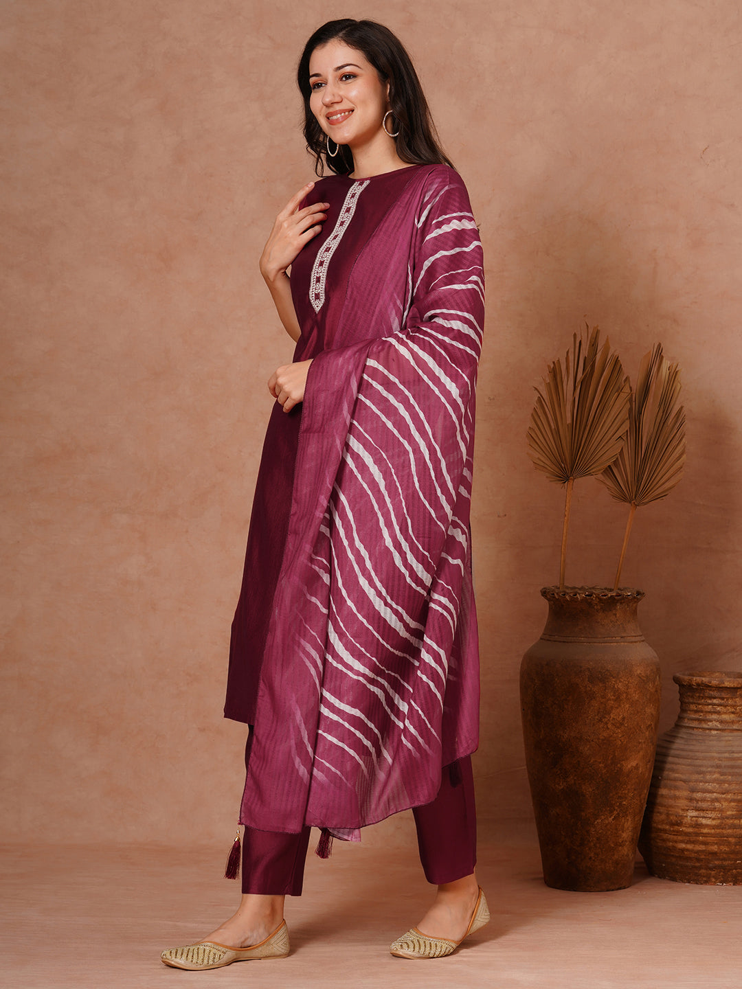 Solid Ethnic Embroidered Straight Fit Kurta with Pant and Leheriya Dupatta - Maroon