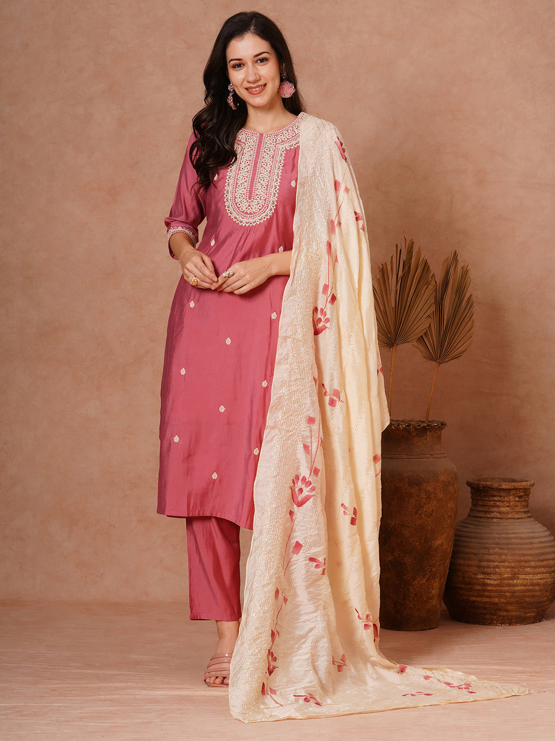 Solid Floral Dori Embroidered Straight Fit Kurta with Pant and Hand Painted Dupatta - Pink