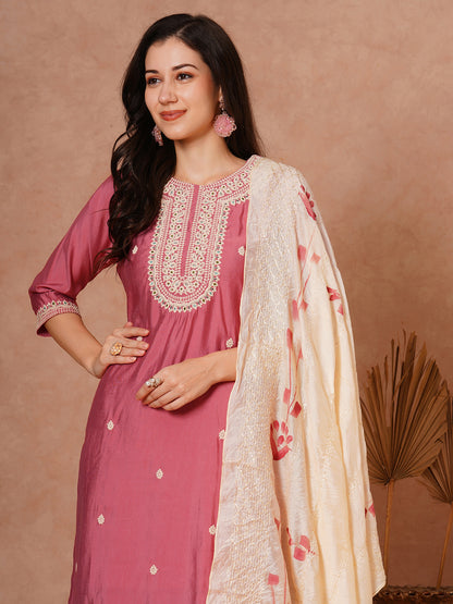 Solid Floral Dori Embroidered Straight Fit Kurta with Pant and Hand Painted Dupatta - Pink