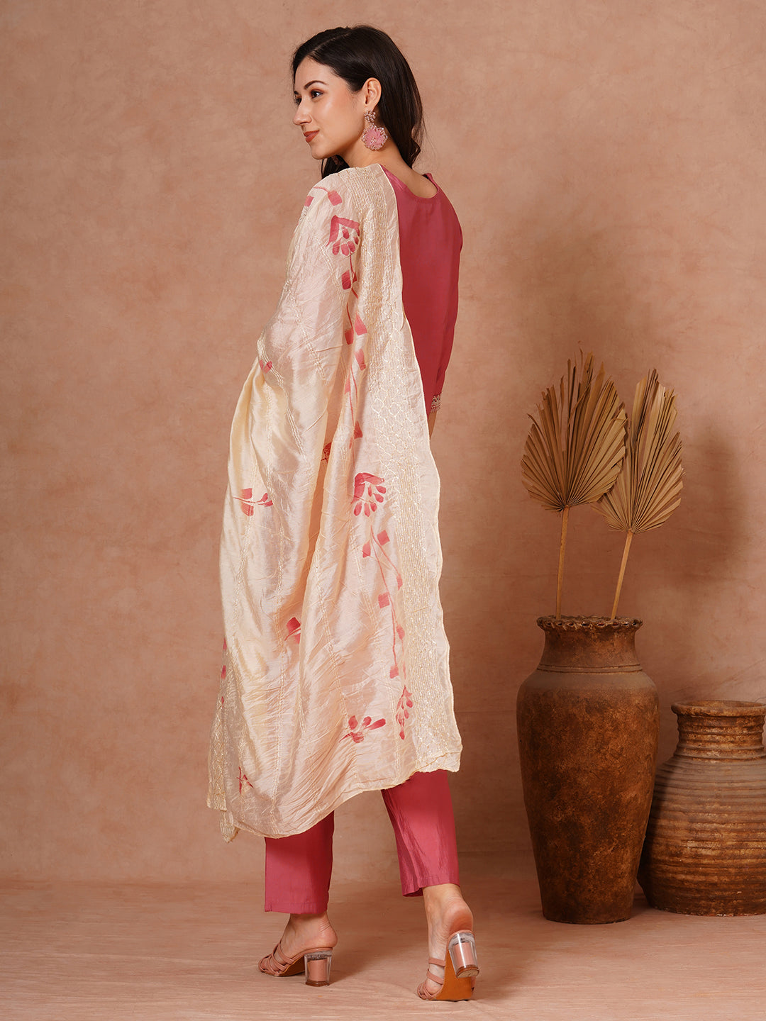 Solid Floral Dori Embroidered Straight Fit Kurta with Pant and Hand Painted Dupatta - Pink