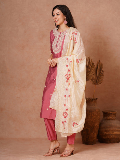 Solid Floral Dori Embroidered Straight Fit Kurta with Pant and Hand Painted Dupatta - Pink