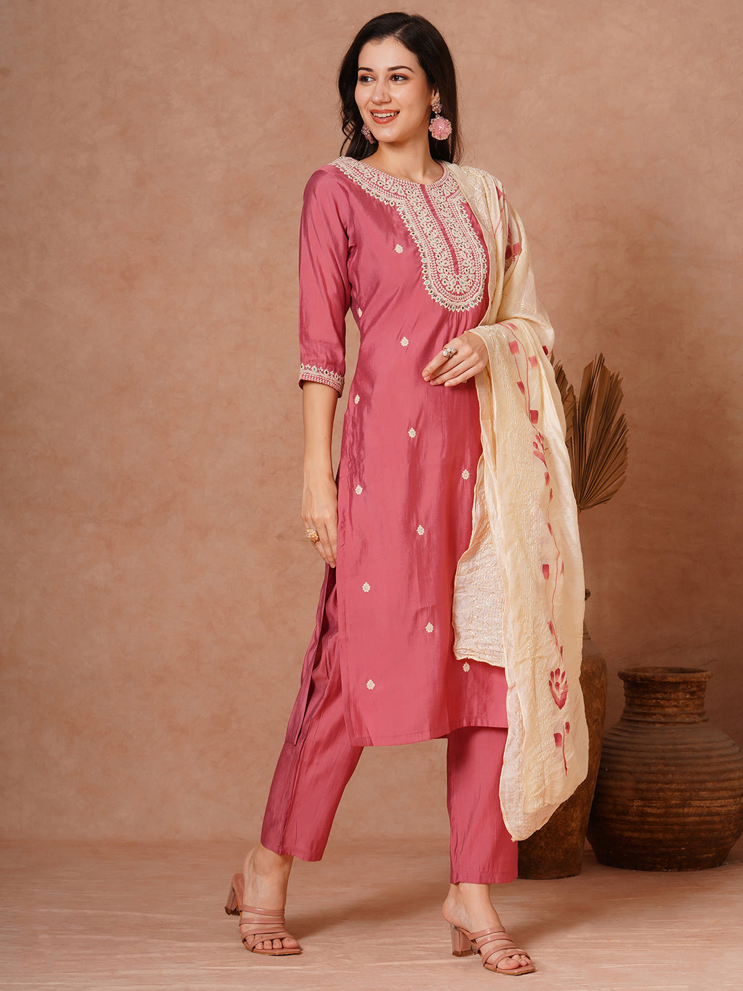 Solid Floral Dori Embroidered Straight Fit Kurta with Pant and Hand Painted Dupatta - Pink