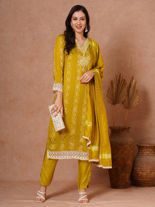 Ethnic Printed & Mirror Embroidered Straight Fit Kurta with Pant and Dupatta - Green