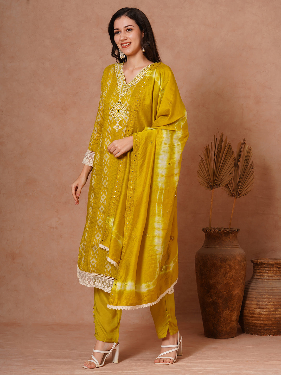 Ethnic Printed & Mirror Embroidered Straight Fit Kurta with Pant and Dupatta - Green