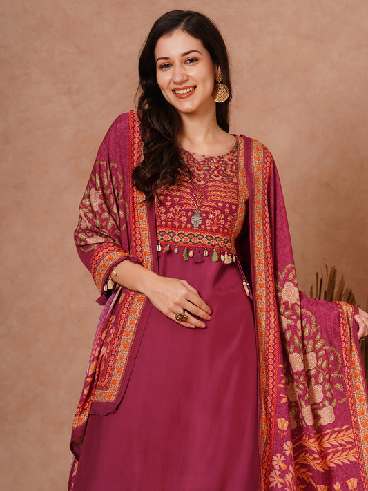 Ethnic Floral Printed & Hand Embroidered Straight Fit Kurta with Pant and Dupatta - Burgundy