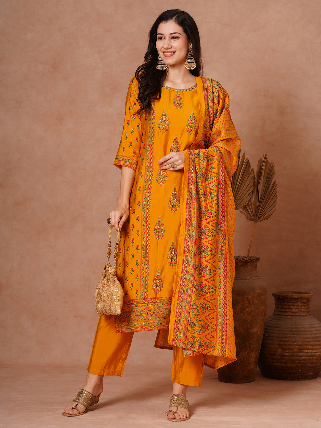 Ethnic Foil Printed & Hand Embroidered Straight Fit Kurta with Pant and Dupatta - Yellow