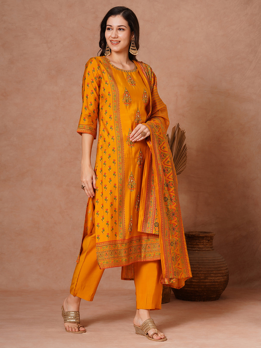 Ethnic Foil Printed & Hand Embroidered Straight Fit Kurta with Pant and Dupatta - Yellow