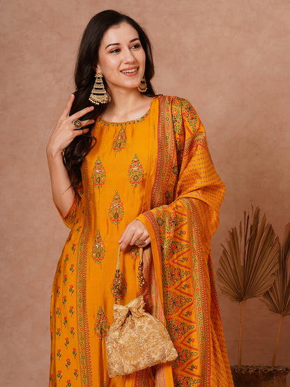 Ethnic Foil Printed & Hand Embroidered Straight Fit Kurta with Pant and Dupatta - Yellow