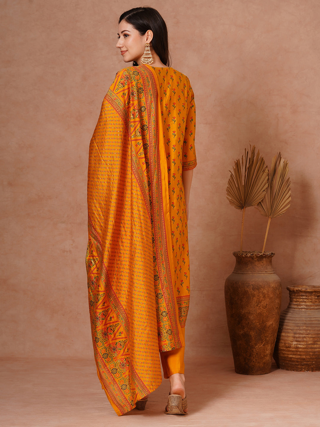 Ethnic Foil Printed & Hand Embroidered Straight Fit Kurta with Pant and Dupatta - Yellow