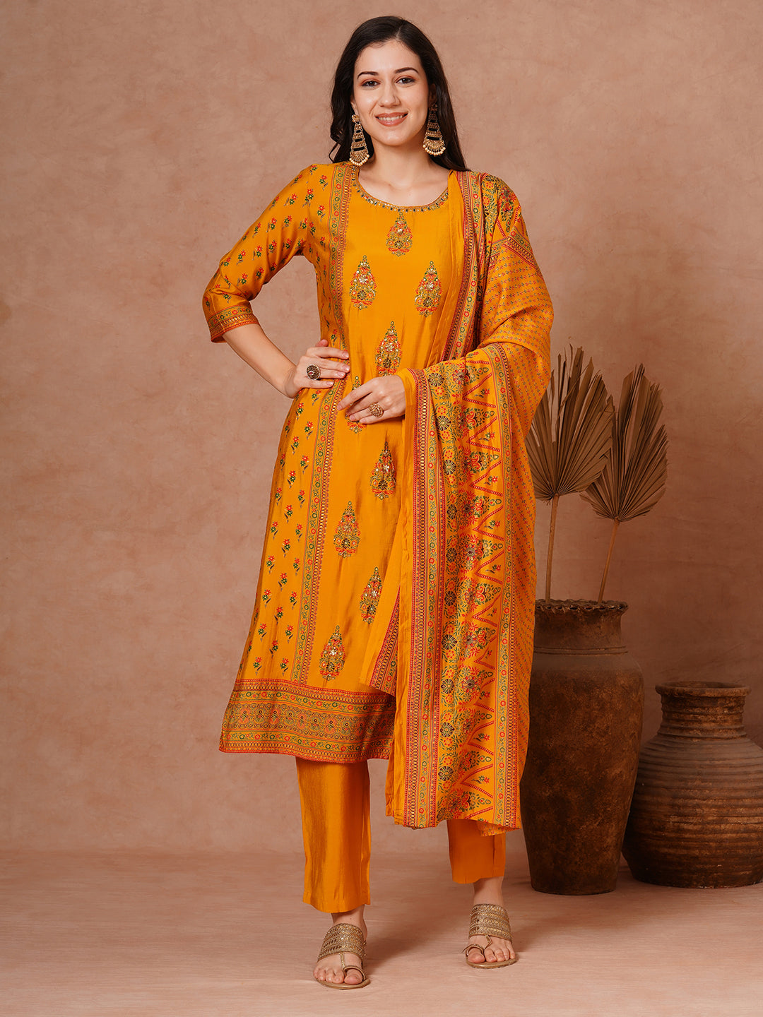 Ethnic Foil Printed & Hand Embroidered Straight Fit Kurta with Pant and Dupatta - Yellow