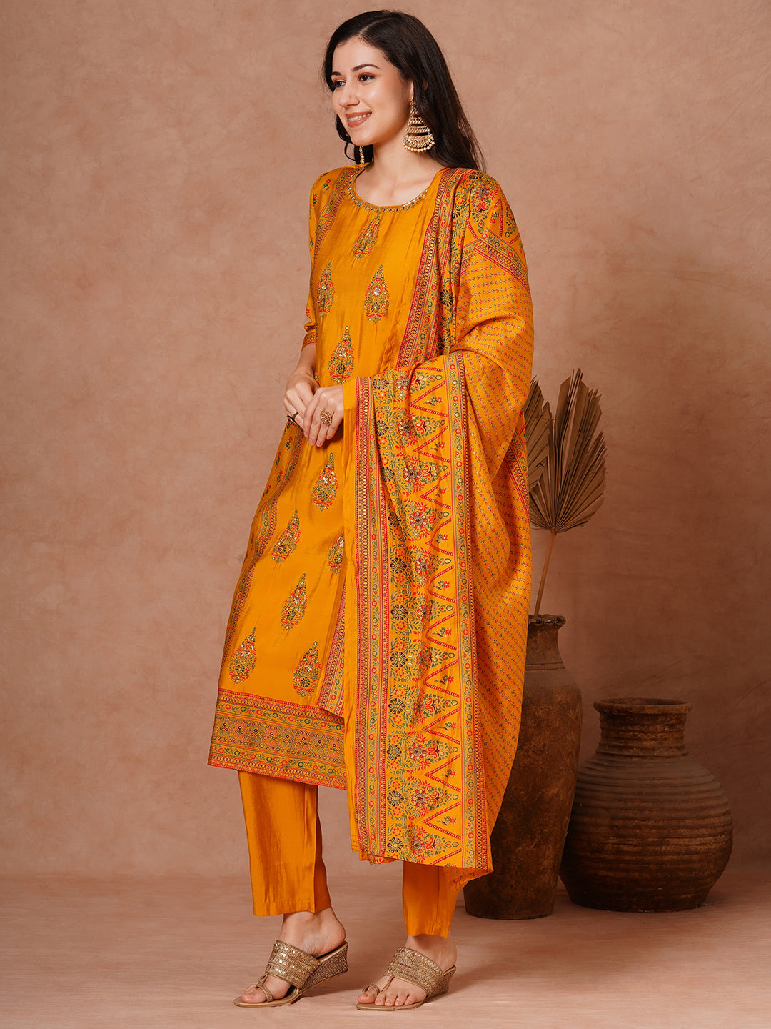 Ethnic Foil Printed & Hand Embroidered Straight Fit Kurta with Pant and Dupatta - Yellow