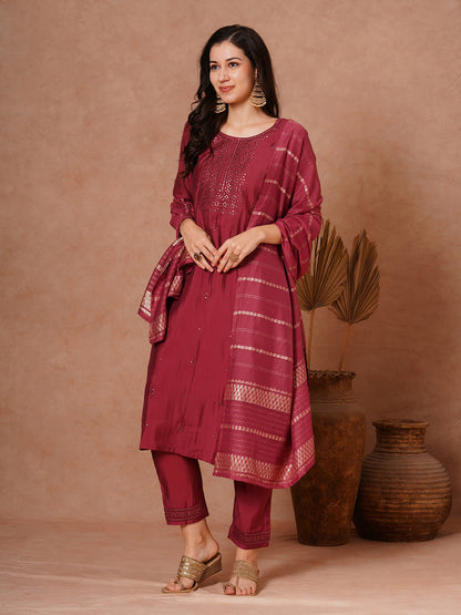 Solid Ethnic Embroidered Straight Fit Kurta with Pant and Jacquard Dupatta - Maroon