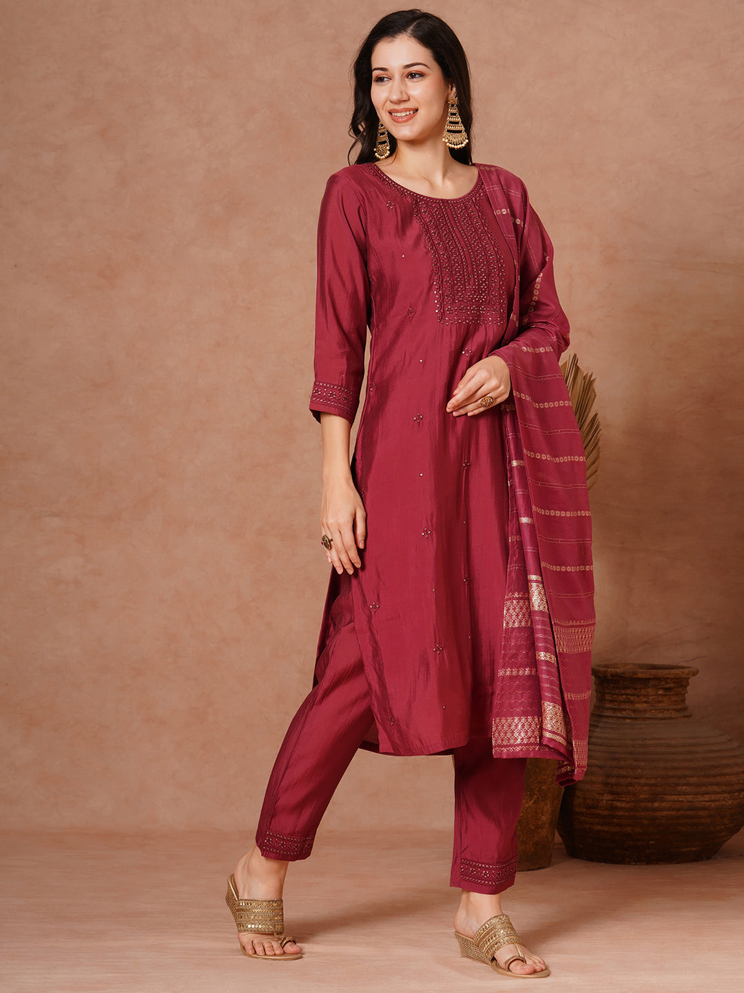 Solid Ethnic Embroidered Straight Fit Kurta with Pant and Jacquard Dupatta - Maroon