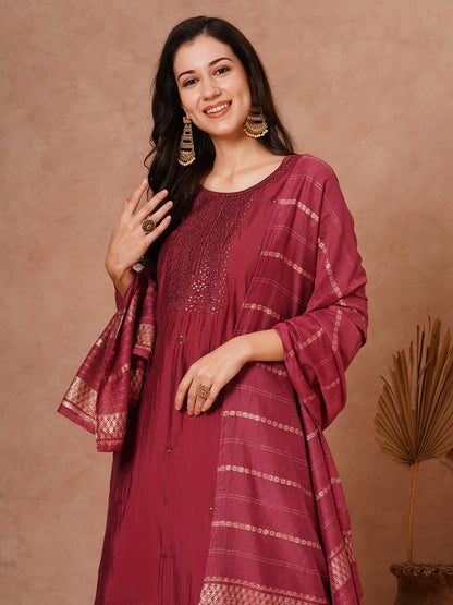 Solid Ethnic Embroidered Straight Fit Kurta with Pant and Jacquard Dupatta - Maroon