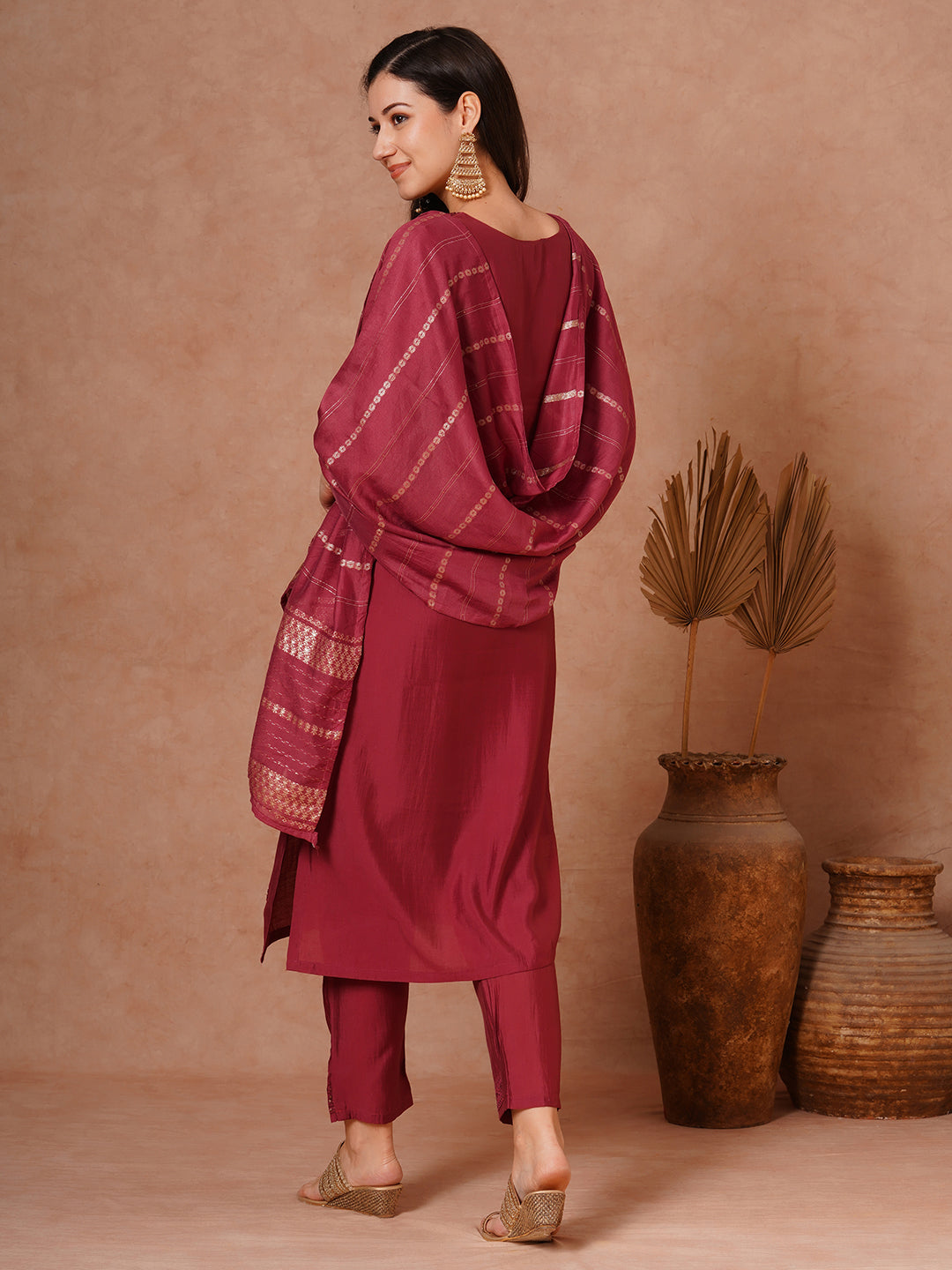 Solid Ethnic Embroidered Straight Fit Kurta with Pant and Jacquard Dupatta - Maroon