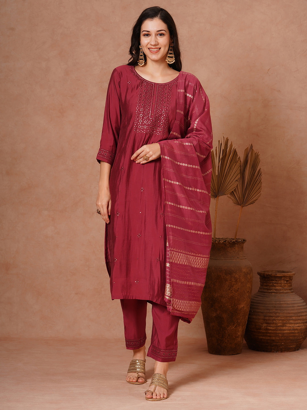 Solid Ethnic Embroidered Straight Fit Kurta with Pant and Jacquard Dupatta - Maroon